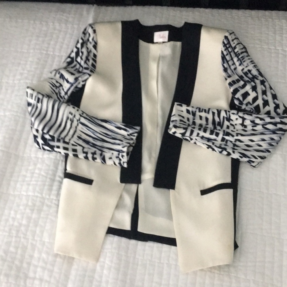 Parker Women's Black White 100% Silk Water Color Block Deconstructed Blazer- S